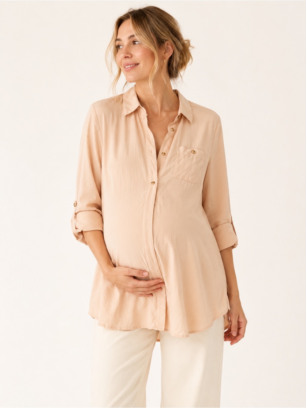 MOMO Maternity 100% Silk Blush Button-Front Blouse